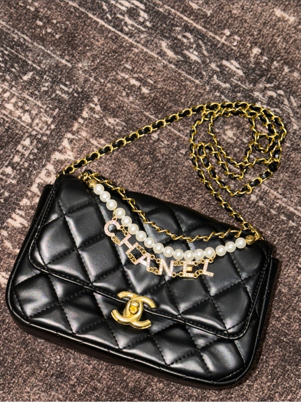 GWP-CHANEL Gold-Tone Logo Charm with Pearlescent Beads